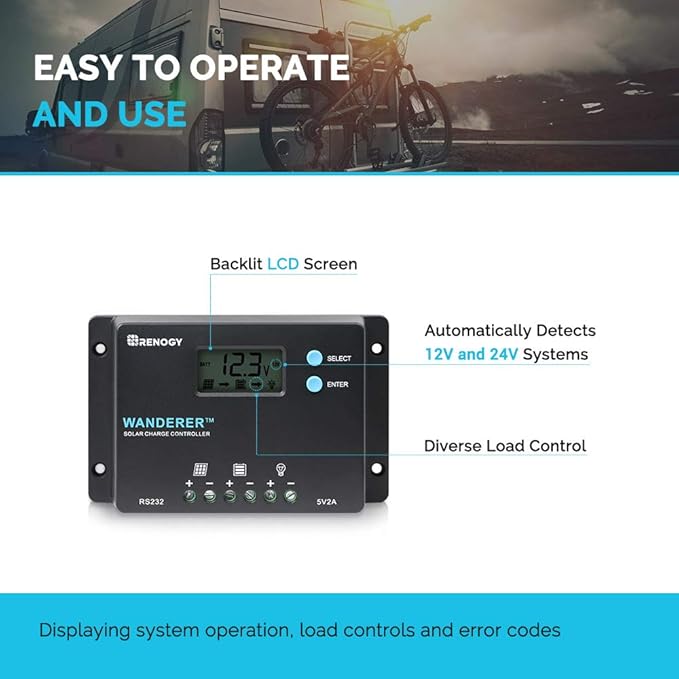 Renogy 10 Amp 12V/24V PWM Negative Ground Solar Charge Controller Compact Design w/LCD Display for AGM Gel Flooded and Lithium Battery Wanderer 10A