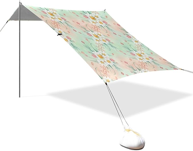 xigua Daisy Beach Tent Sun Shelter with Carrying Bag - Silver Coated Oxford Fabric Beach Canopy for Beach Camping Fishing - Includes Windproof Ropes Sandbags &amp Stakes