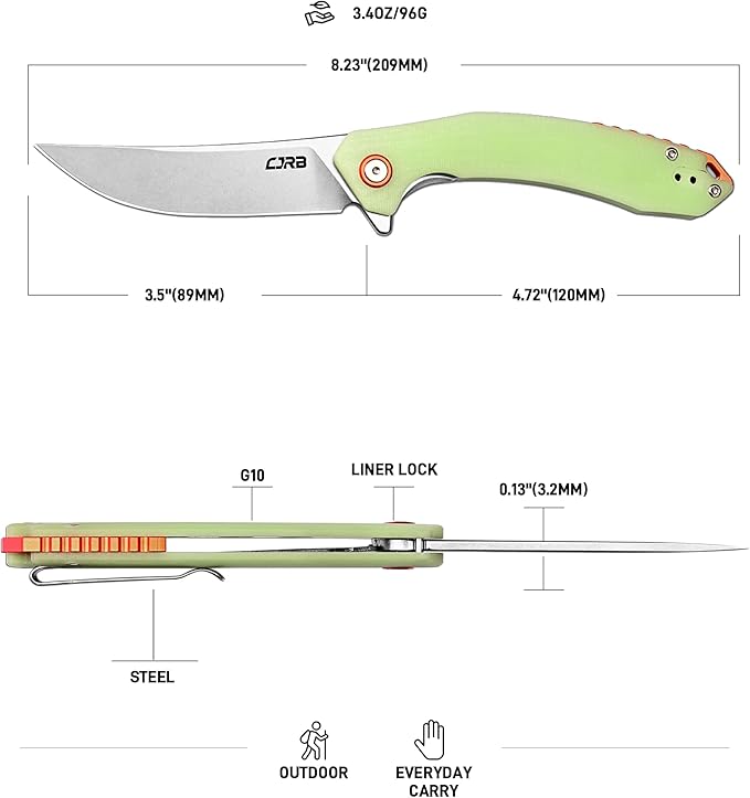 CJRB Gobi G10 Glow in the Dark Handle Folding Pocket Knife 3.5'' AR-RPM9 Steel Blade Manual EDC Knife with Liner Lock for Outdoor Camping Hiking Fishing(J1906-GD)