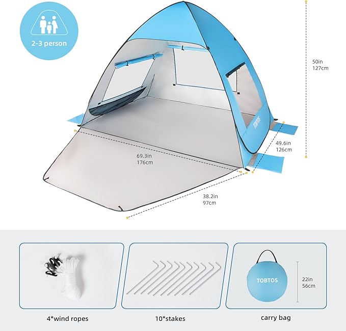 TOBTOS UPF 50+ Pop Up Beach Tent Easy Set Up Beach Umbrella Sun Shelter for 2-3 People UV Protection Portable Sunshade Baby Canopy Cabana Lightweight with Carry Bag