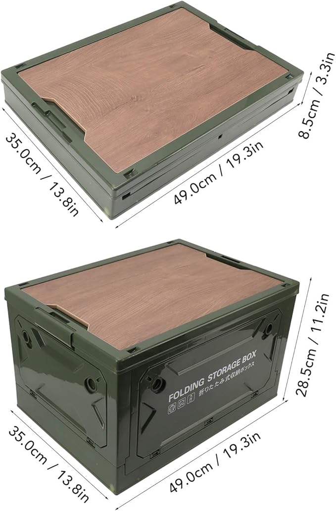 Dioche Camp KitchFolding Camping Storage Box with Wooden Lid - 50L Collapsible Container with Wheels for Easy Transport - Durable PP and MDF Material - Ideal for Camping Picnic and (OD Green)