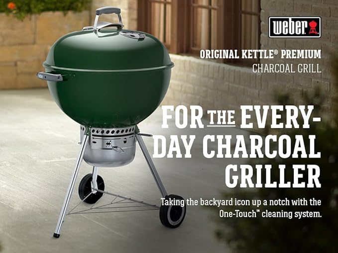 Weber Original Kettle Premium Charcoal Grill 22-Inch Green – Outdoor BBQ Grill with Built‑In Thermometer Heat Control Dampers &amp One‑Touch™ Cleaning System