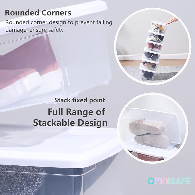 Stackable Plastic Storage Shoebox BPA-Free Nestable Container with Latching Lid to Organize Shoes See-Through Box for Home and Office Multi-Purpose Storage Case Clear Bins (12 Pack 6 Quart White)