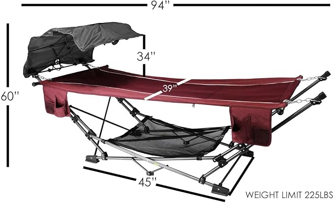 Zenithen Limited Portable Folding Metal Framed Hammock with a Retractable Canopy Perfect for Camping Patio Outdoor and Relaxing Side Pockets Included Red (Pack of 1)