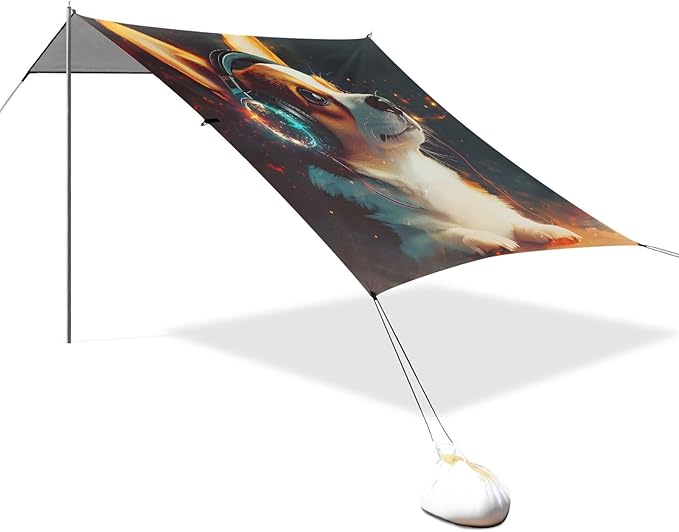 ALAZA Corgi Wearing Headphones Beach Tent Sun Shelter Portable Canopy Sunshade for Outdoor Camping Picnics Backyard Fun 10x9 ft