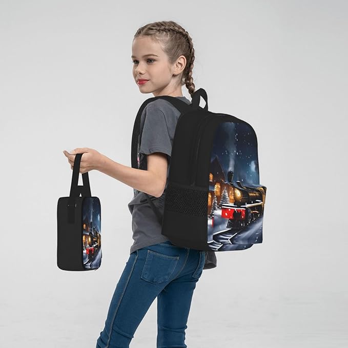 Winter Christmas Snow Night Railway Train Backpack With Lunch Box 3 In 1 Set With Pencil Case Large Capacity Backpack With Chest Strap
