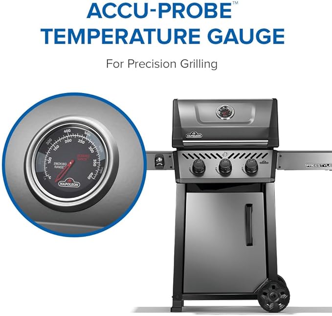 Napoleon Freestyle 365 Propane Gas Outdoor Grill Graphite Grey – 3-Burner BBQ with Porcelain Coated Cast Iron Iconic WAVE™ Cooking Grids