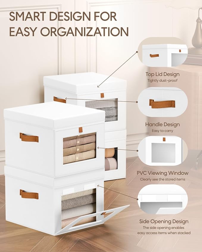 Homsorout Storage Bins with Lid – Closet Organizer with Side Opening and Clear Window Foldable Stackable Fabric Basket for Clothes Home Office - 13.77 x 11.8 x 9.8 4 Pack White