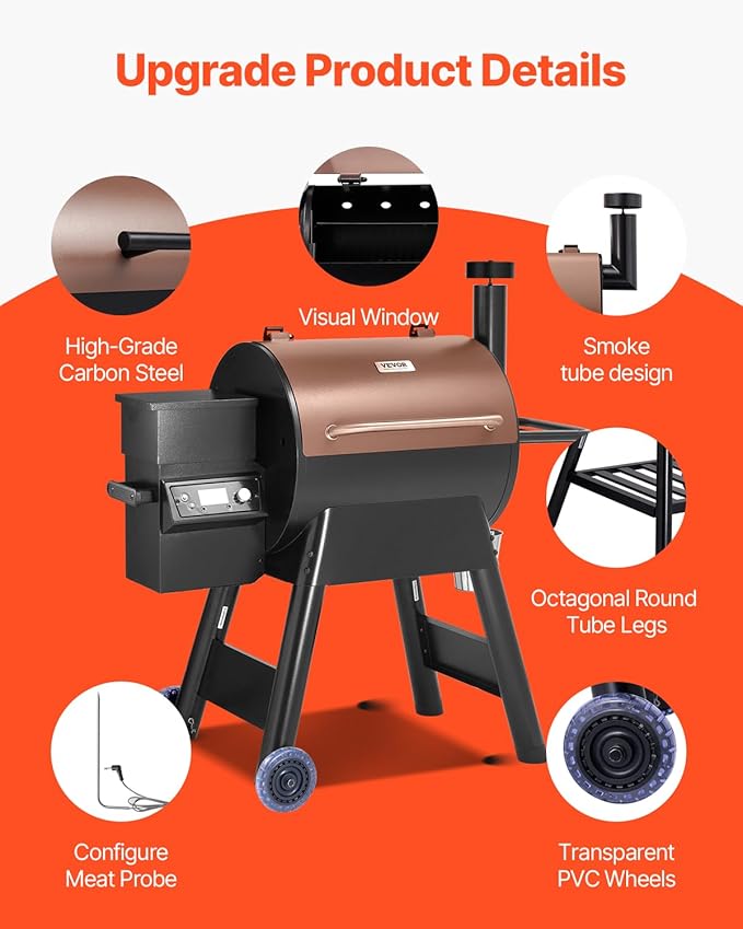 VEVOR Wood Pellet Grill Smoker 8 in 1 BBQ Grills for Outdoor Cooking 575 Square Inches Cook Area Electric Grill and Smoker with LCD Screen Controller Meat Probe 500°F Max Temperature Black
