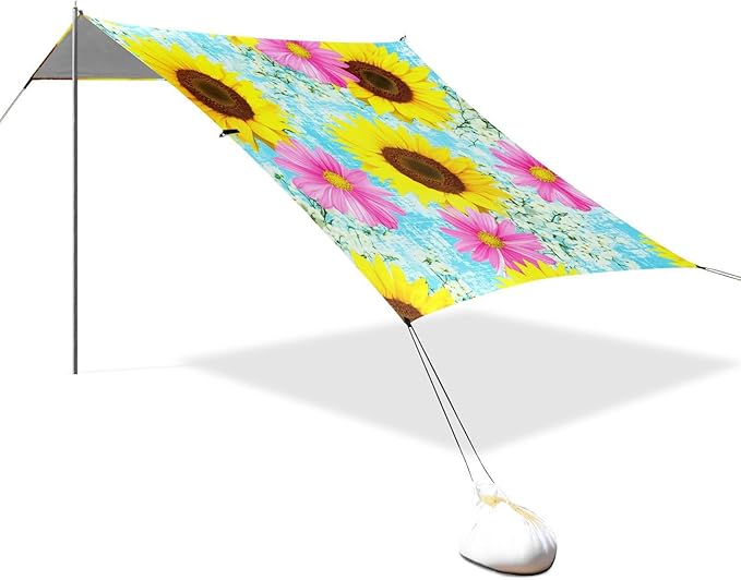 Beach Canopy with Windproof Ropes &amp Sandbags Beach Tent Sun Shade Sun Shelter for Camping Trips Fishing Backyard Fun or Picnics Sunflowers