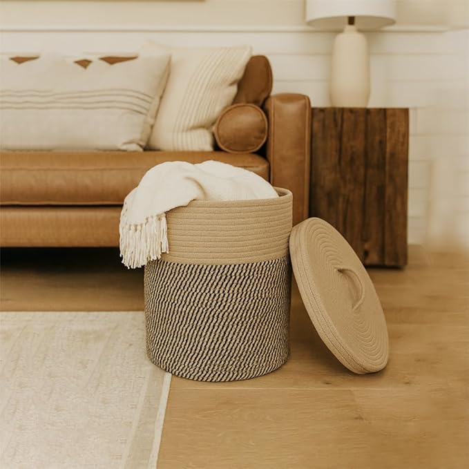 Yimi's Dream Cotton Rope Basket with Lid – Soft Storage Bin for Home Organization Brown &amp Brown‑Black Pattern Sturdy Lightweight &amp Stylish 11.5″ Round x 13.5″ High