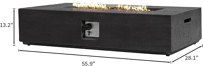SUNBURY Outdoor Travertine Fire Pit Table 56 inches Rectangle Propane Gas Patio Fire Pit 50000 BTU Concrete Low Firepit Table with Lava Rocks Waterproof Cover (Grey)