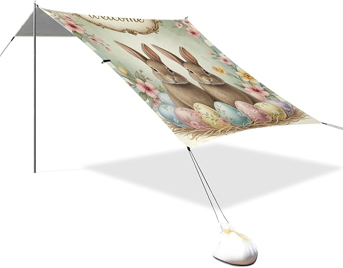 Beach Canopy with Windproof Ropes &amp Sandbags Beach Tent Sun Shade Sun Shelter for Camping Trips Fishing Backyard Fun or Picnics Easter Bunny