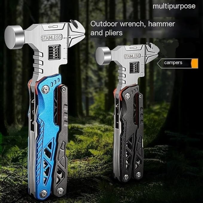 Adjustable Wrench Multitool HammerMultipurpose Adjustable Wrench Multi-Tool 12-in-1 Stainless Steel with Hammer Pliers Knife Bottle Opener for Camping