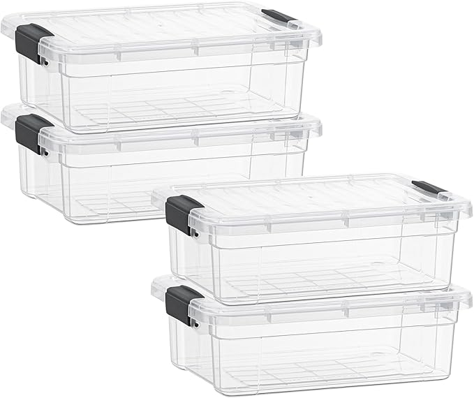 Superio Storage Bins with Lids- 4 Pack 4.5 Qt Clear Boxes for Organizing Stackable Plastic Containers- BPA Free Non-Toxic Odor Free Organizer for Home Office Dorm