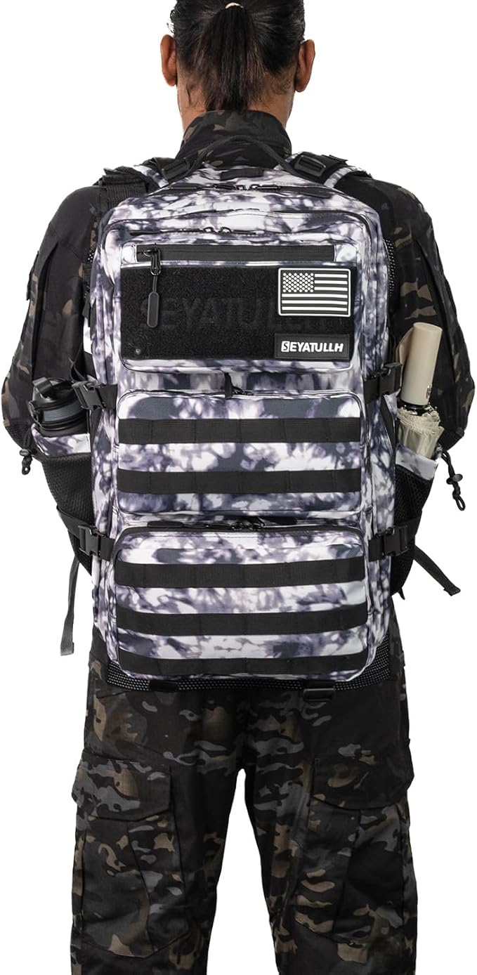 55L Military Tactical Backpack - Bug Out Bag with MOLLE System for Hiking(Black and white tie dye)
