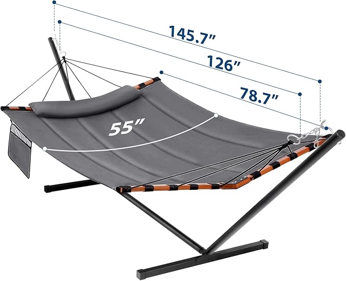 TegerDeger 12FT 2 Person Hammock with Stand Included 55 x 79IN Large Hammock 450LB Capacity with Hardwood Spreader Bar &amp Nylon Rope for Outside Patio Garden Backyard Beach Poolside - Gray