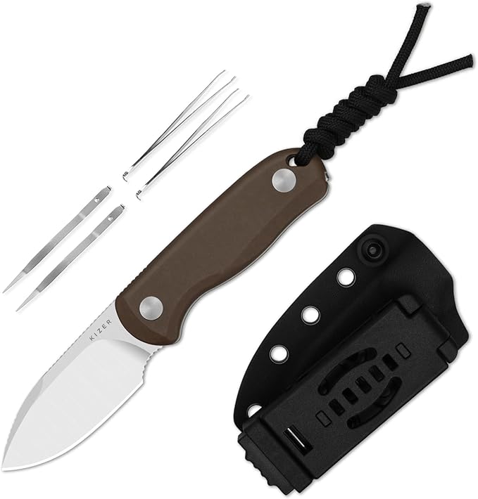 Kizer Drop Bear Fixed Blade Knife 2.57 14C28N Satin Blade EDC Camping Knife with Norplex UltreX™ Brown Micarta Handle &amp Built-in Tools Small Hunting Survival Knives with Kydex Sheath 1094A2