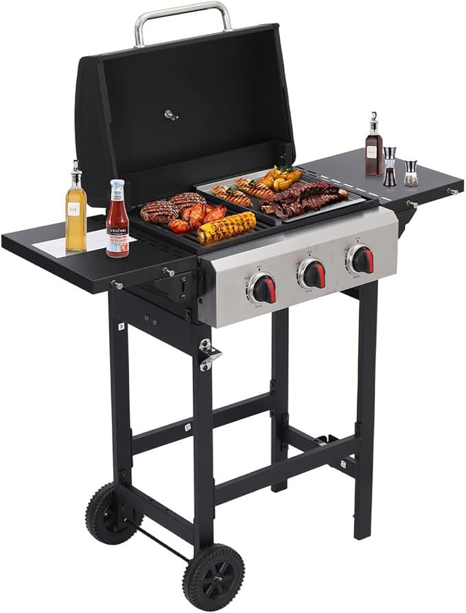 CIG GARDEN 3-Burner Propane Grill 31500 BTU Outdoor BBQ with Cast Iron Grates &amp Side Burner for Backyard Patio Tailgating &amp Camping