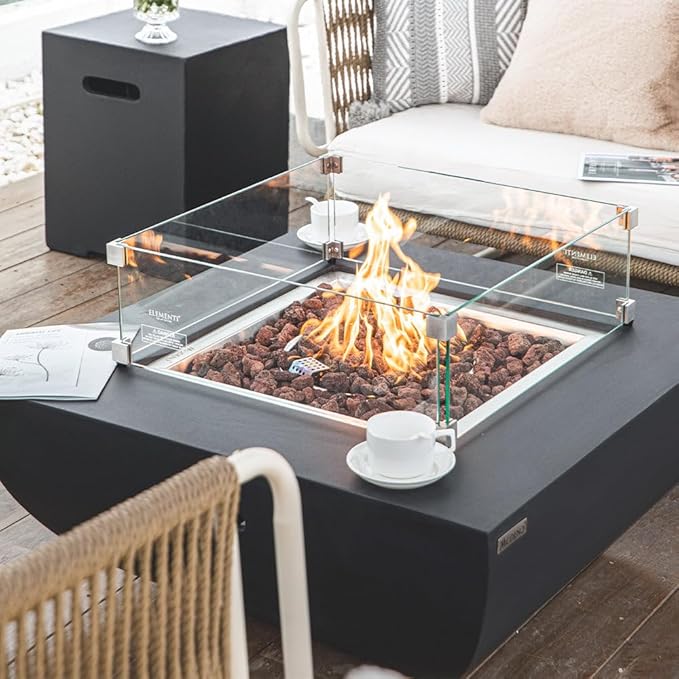 Aurora Fire Table Outdoor Fire Pit 34 x 34 Cast Concrete Firepit Includes Lava Rocks 45000 BTUs Outdoor Fireplace for Patio Furniture Set Deck Porch Outdoor Heater - Natural Gas