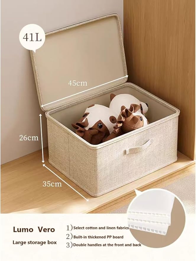 [3 Pack] Beige Cotton Linen Collapsible Storage Bins for Home Organization Waterproof Fabric Foldable Organizer Boxes 15.75 x 11.81 x 8.27 Inches Zippered Flap &amp Handle (Medium)
