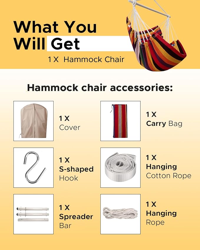 Miztli Hammock Chair with Hanging Chair Cover – Max 500 Lbs Steel Spreader Bar with Anti-Slip Rings Comfortable Indoor &amp Outdoor Hanging Chair – Includes Protective Waterproof Cover (57x45.5 in)