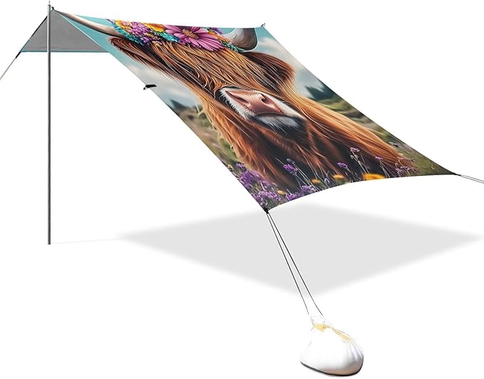 ALAZA Highland Cow Flower Beach Tent Sun Shelter Portable Canopy Sunshade for Outdoor Camping Picnics Backyard Fun 10x9 ft