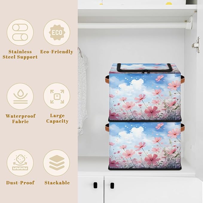 KOBLEN Poppies Seamless Pattern Storage Basket Collapsible Rectangular Storage Bins with Zipper Lid Handle Closet Shelf Cloth Organizer Basket for Nursery Bedroom Clothes Toy 2 Pack