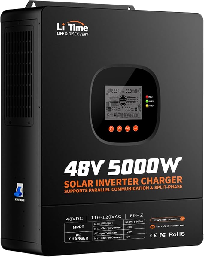 LiTime 5000W Solar Inverter Charger 48V DC to 120V AC Pure Sine Wave Inverter Parallel Split-Phase for 240V Built in 100A MPPT Solar Charger Controller for Home Backup Off-Grid Farm