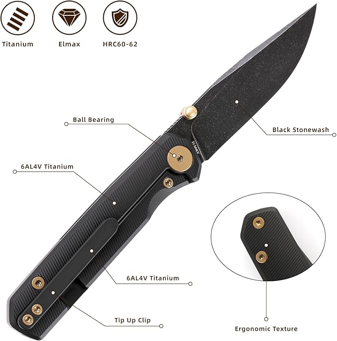 Folding Pocket Knife 2.95 Elmax Blade EDC Knife with Titanium Handle and Frame Lock Small Pocket Knife with Clip for Men Sharp Camping Hiking Hunting Survival Knives (Black)