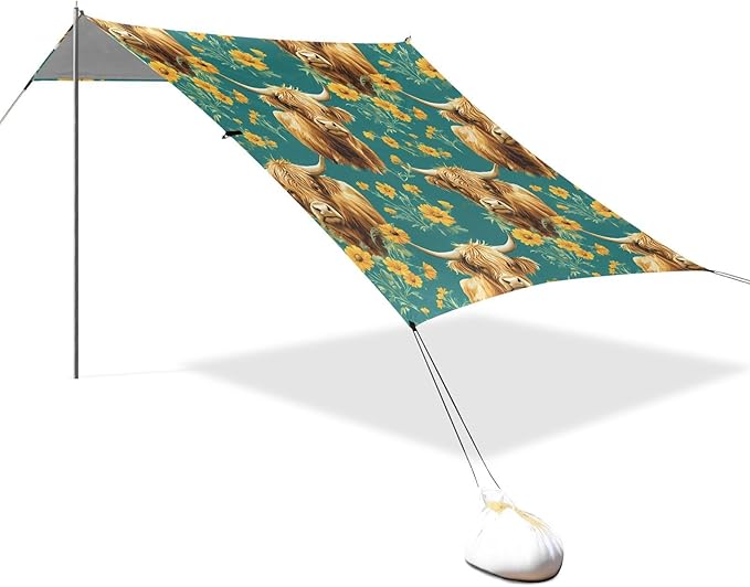ALAZA Highland Cattle Chrysanthemum Pattern Beach Tent Sun Shelter Portable Canopy Sunshade for Outdoor Camping Picnics Backyard Fun 10x9 ft