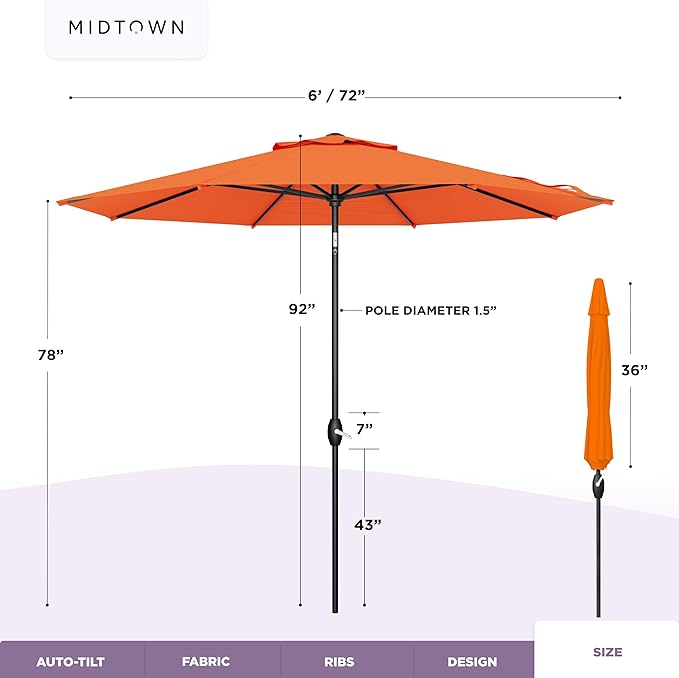 Midtown Umbrellas - 10-Year-No-Fade 6 Ft Patio Umbrella with Terylast Fabric Auto-Tilt Aluminum Frame and 8 Reinforced Ribs for Deck Pool Garden &amp Beach - Tangerine Canopy Black Pole