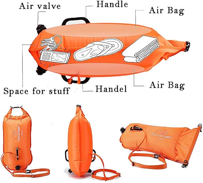 NuCamper Swim Buoy for Open Water Swimmers With Adjustable Waist Belt Waterproof Dry Bag Swim Bubble For Safty Swimming Training Snorkeling Kayaking BoatingBeach Bags Large Capacity 28L