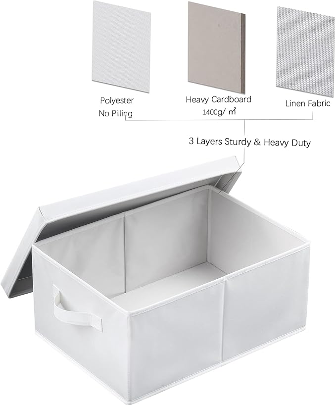 HOONEX Storage Bins with Lids for Organizing Pack of 2 Storage Boxes with 2 Carrying Handles and Sturdy Heavy Cardboard 16.5 L x 11.8 W x 7.5 H for Shoes Books Clothes Nursery White