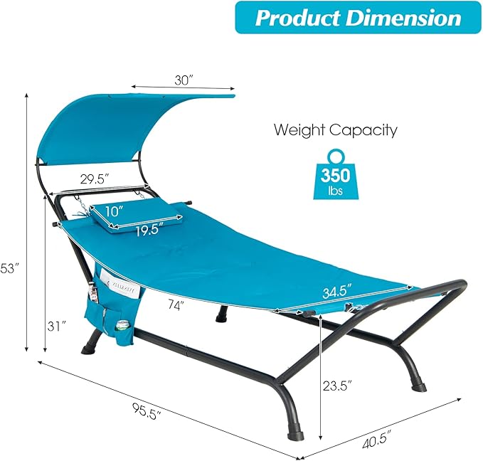 Giantex Hanging Hammock with Stand Patio Hanging Chaise Lounge Chair w/Canopy Cushion Pillow &amp Storage Bag Heavy Duty Swing Hammock Bed for Garden Lawn Backyard Patio Poolside Porch (Blue)