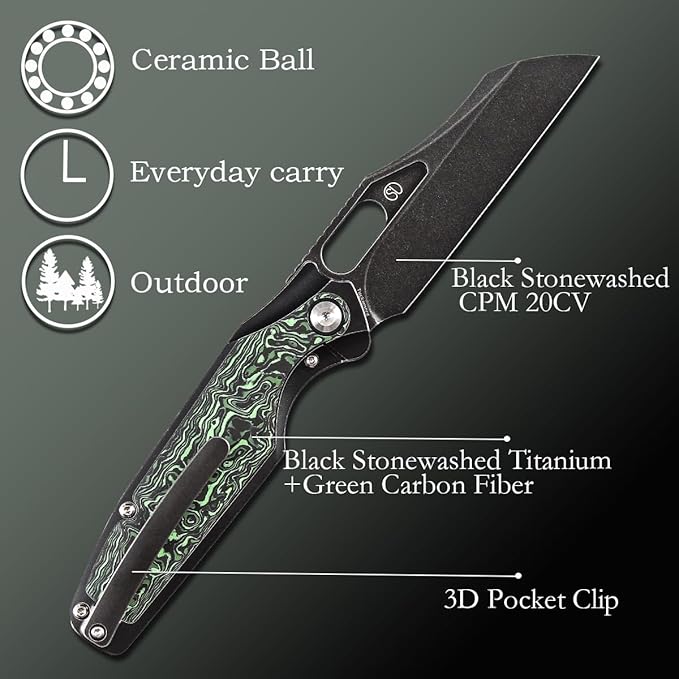 KANSEPT Tuckamore Camping Pocket Knives for Men 8.12in Folding Knives with 3.54in Stonewashed CPM 20CV Material and Titanium Green Carbon Fiber Handle for Outdoor Tactical Survival K1052A3