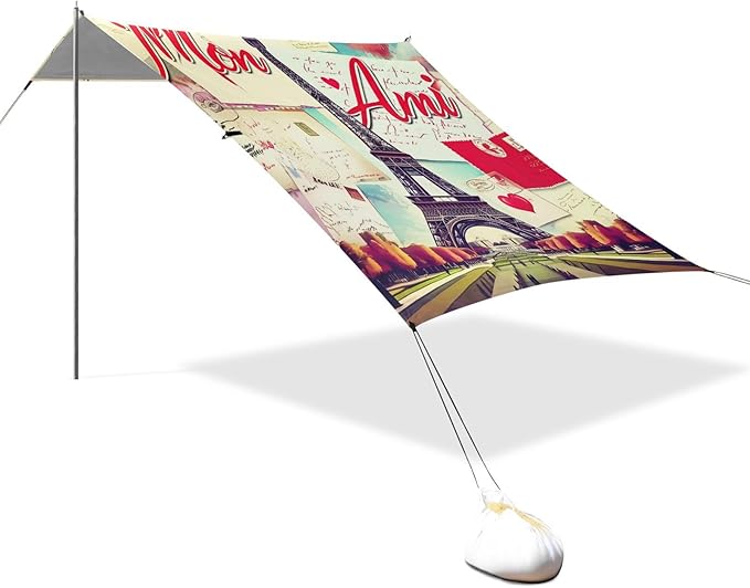 Beach Canopy with Windproof Ropes &amp Sandbags Beach Tent Sun Shade Sun Shelter for Camping Trips Fishing Backyard Fun or Picnics Eiffel Tower
