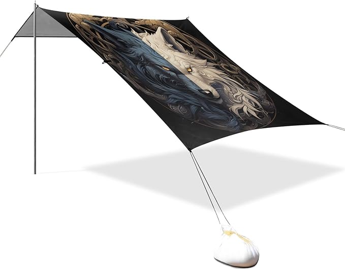 ALAZA Wolf Yinyang Beach Tent Sun Shelter UPF50+ Protection Beach Shade Canopy w/ 4 Sandbags for Outdoor Camping Fishing Backyard Fun Picnic 10x9 ft