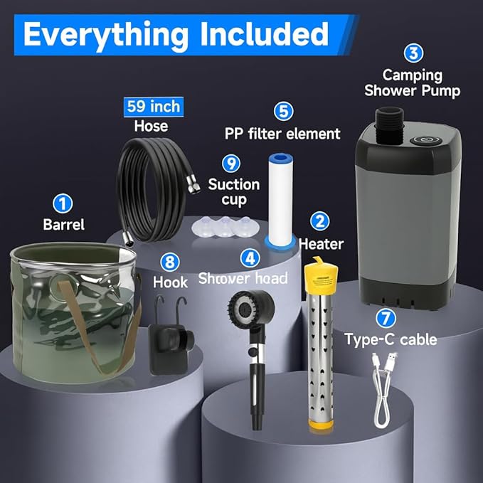 Portable Shower with Heater &amp Tent – 6.6 Gallon Foldable Bucket 1500W Auto-Off Heater 6000mAh Rechargeable Portable Camping Shower Pump Digital Temp &amp Power Display for Hiking &amp Beach