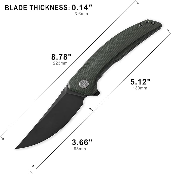 Petrified fish PFP05 Deepsea 3.66” Folding Knife K110 Steel Blade Micarta Handle Flipper Liner Folding Knife for Outdoor. (Green Black Stonewashed)