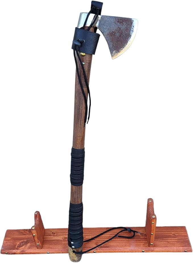 Rustic Cast Iron Hand Forged Viking Two Handed Axe Carbon Steel Head Wood Handle