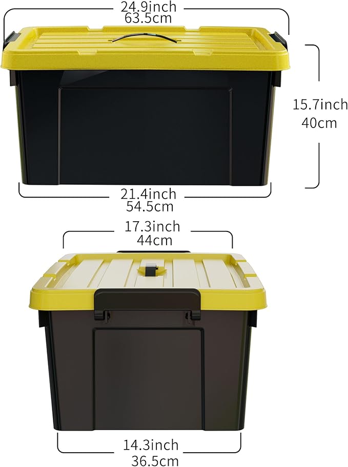 95Qt*4 Durabilt Flip Lid Stackable Heavy Duty Tough Storage Container Tote Plastic Storage Bins Storage Box Black Base with Yellow Lid (4 Pack)