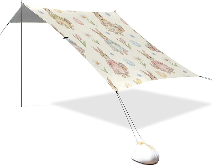xigua Easter Bunny Beach Tent Sun Shelter with Carrying Bag - Silver Coated Oxford Fabric Beach Canopy for Beach Camping Fishing - Includes Windproof Ropes Sandbags &amp Stakes