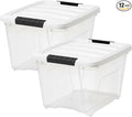 IRIS USA 19 Qt Stackable Plastic Storage Bins with Lids 12 Pack - BPA-Free Made in USA - See-Through Organizing Solution Latches Durable Nestable Containers Secure Pull Handle - Clear/White