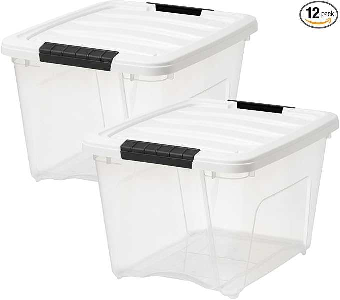 IRIS USA 19 Qt Stackable Plastic Storage Bins with Lids 12 Pack - BPA-Free Made in USA - See-Through Organizing Solution Latches Durable Nestable Containers Secure Pull Handle - Clear/White