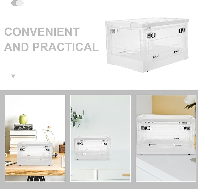 Lidded Home Storage Bins with Wheels: 29L Large Collapsible Containers with 3 Doors for Desk Storing Craft Stationery - Stationary Makeup Organizer (White)