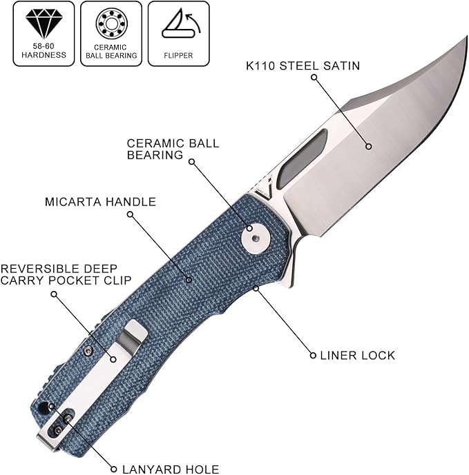 Petrified fish PFP03 Victor3.58 K110 Satin Blade140g Micarta Handel Flipper Liner lock Folding knife (Blue Satin)