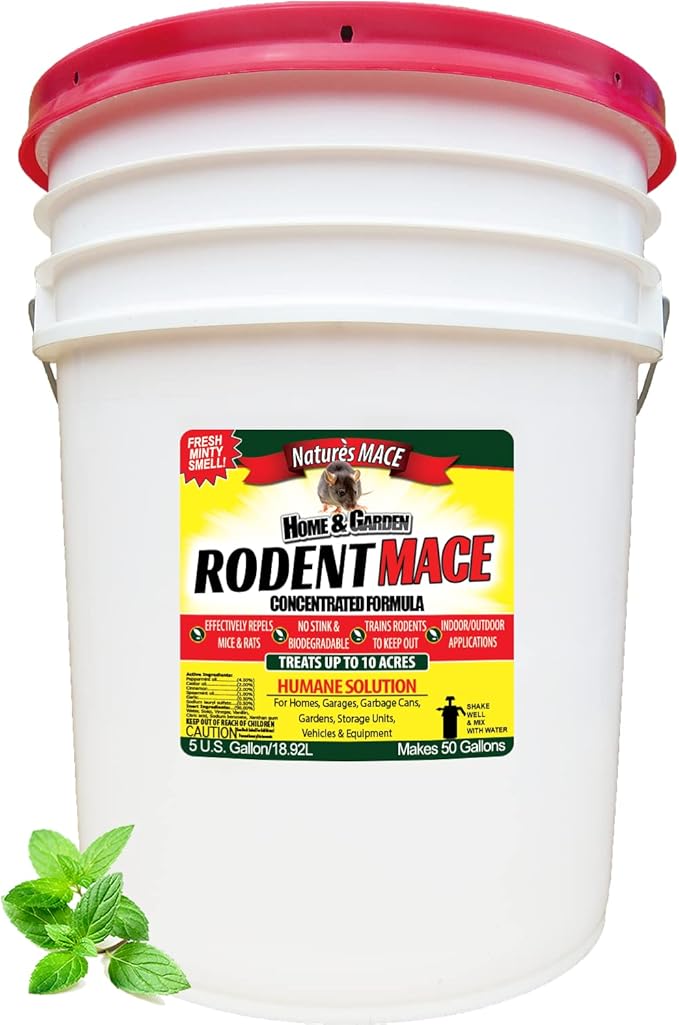 Nature’s MACE Rodent Repellent 5 Gal Concentrate Covers 10 Acres Repel Mice &amp Rats Keep Mice Rats &amp Rodents Out of Home Garage Attic and Crawl Space Safe to Use Around Children Pets