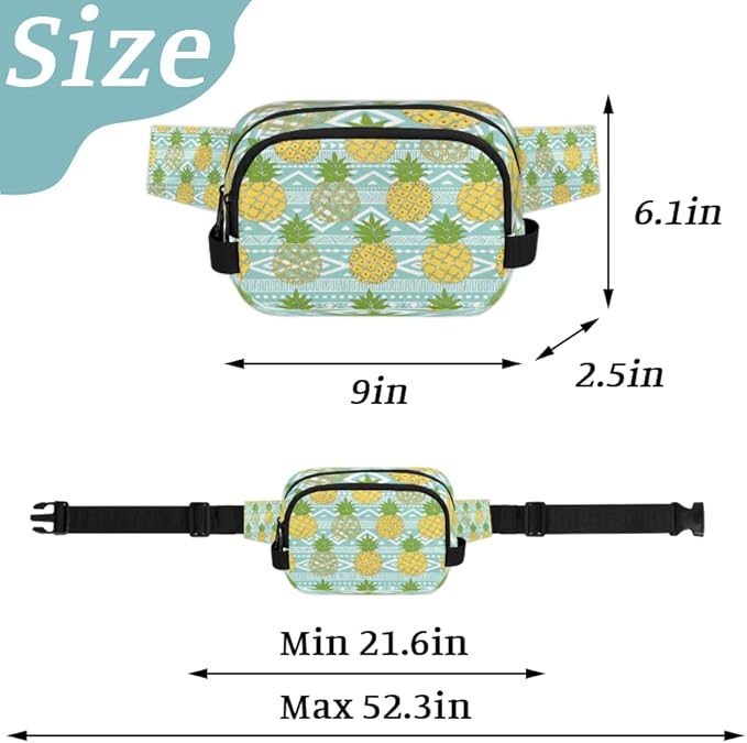 Hand Painted Cute Pineapple Waterproof Fanny Pack for Women Men Adjustable Waist Bag with Double Zipper Pockets Lightweight Square Hip Pack for Running Travel Hiking Workout Cycling