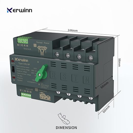 Mini ATS Automatic Transfer Switch 100 amp Manual Power Transfer Switch 110V Dual Power Electrical Selector Switches DIN Rail Mount (4P)